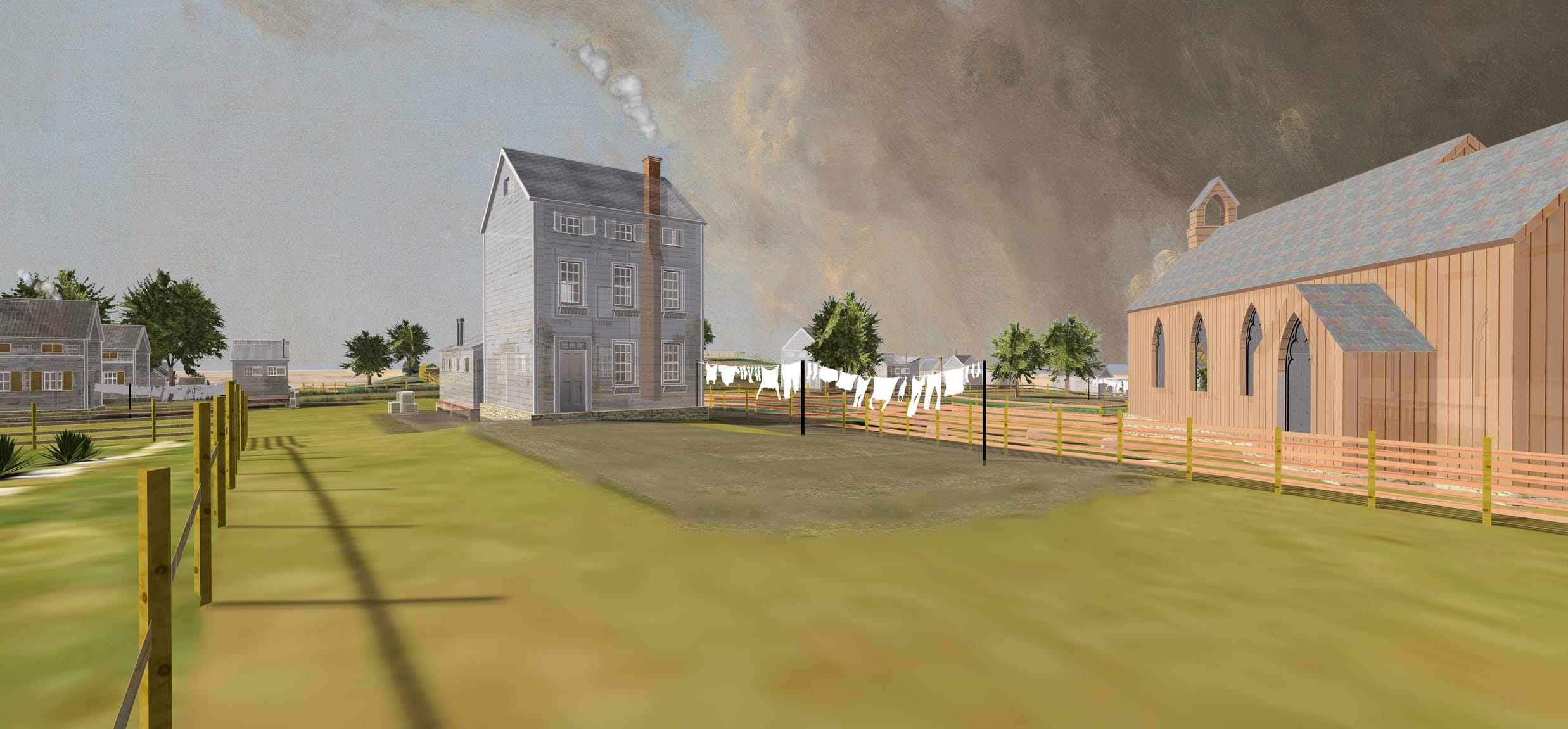 View of the front of the Wilson Family House from the road in the 3D model of Seneca Village