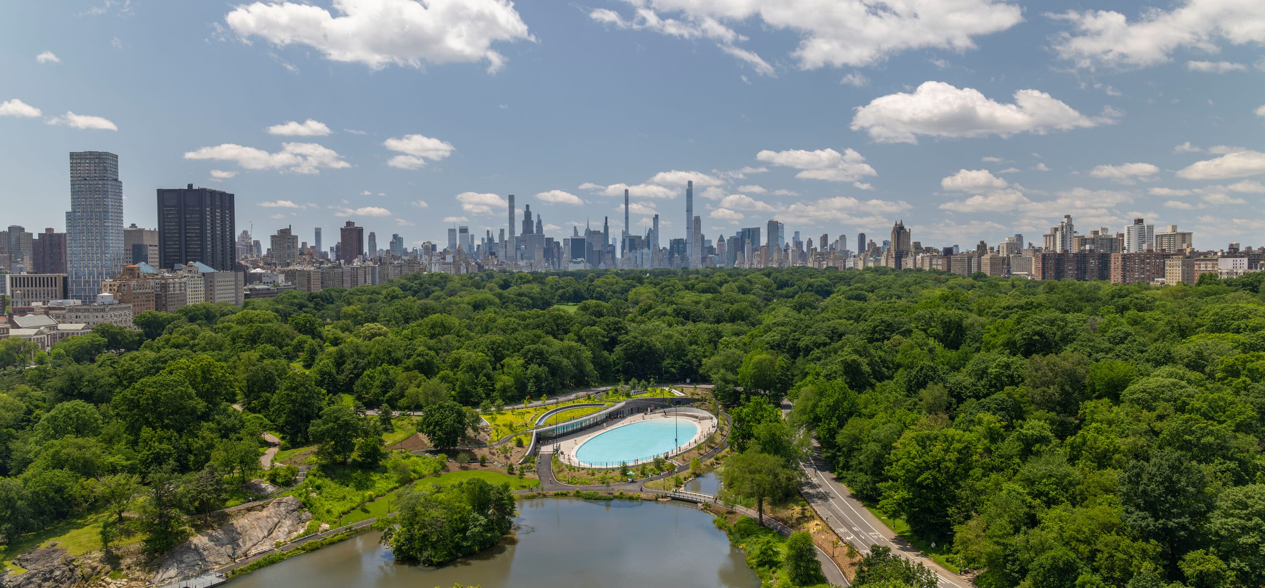 Aerial view of the Davis Center in pool season, Central Park, New York City