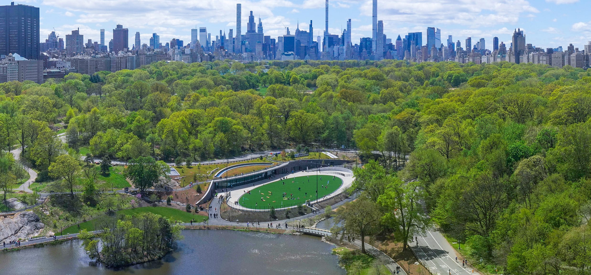 Aerial shot of the Davis Center in Central Park.
