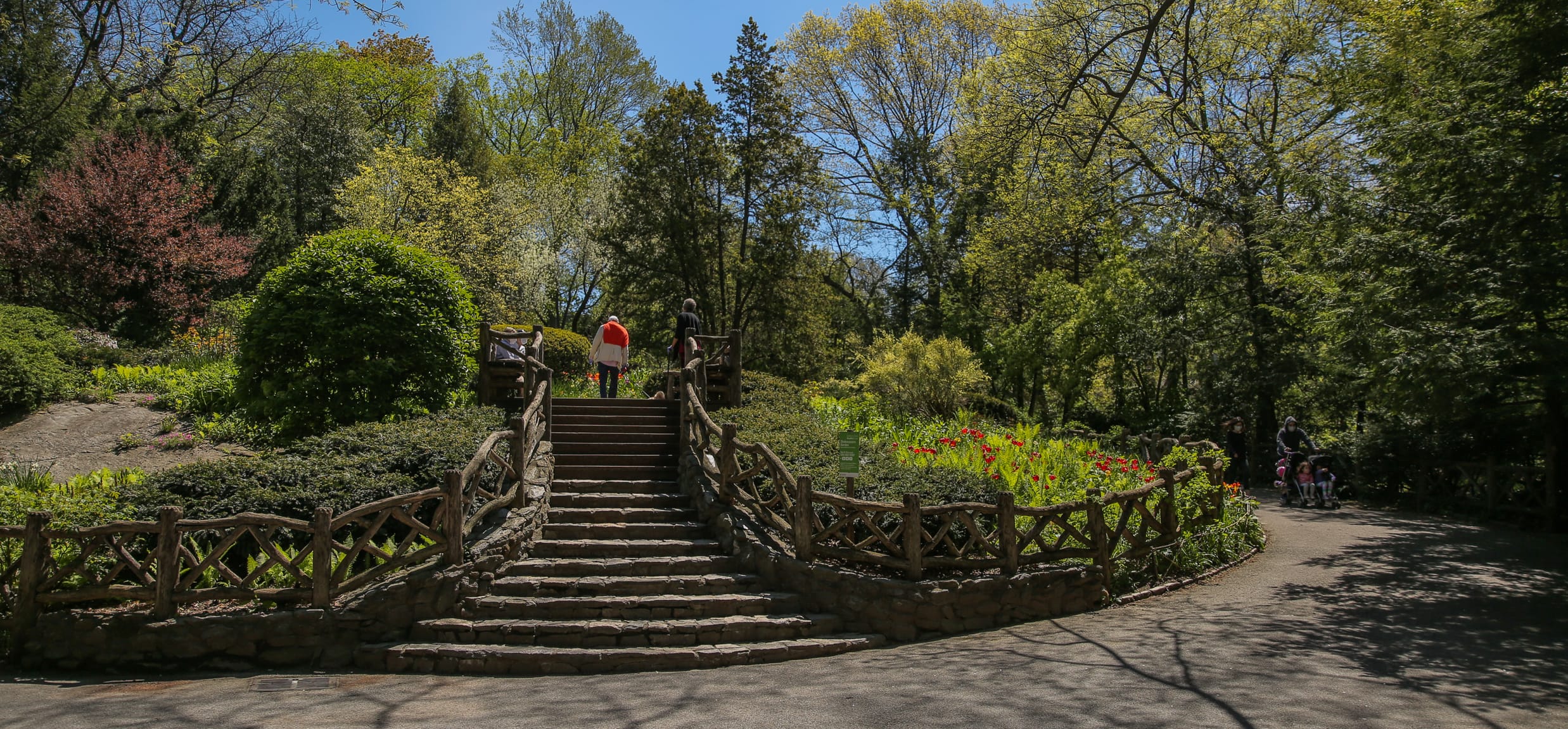 Visitors walk up stone steps surrounded by spring flowers and greenery in the Shakespeare Garden at Central Park, New York City, on a sunny day