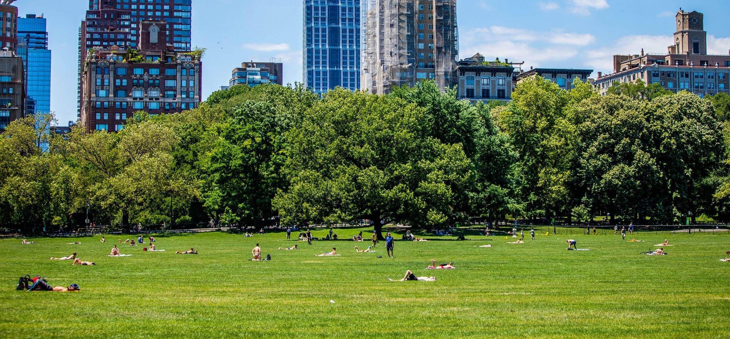 Visitors enjoying the sun dot the landscape of the Sheep Meadow.